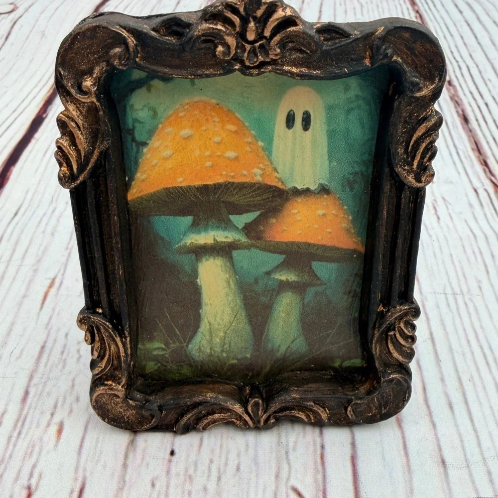 Ghost and Mushrooms Art Print in Ornate Bronze Resin Frame Miniature Decor